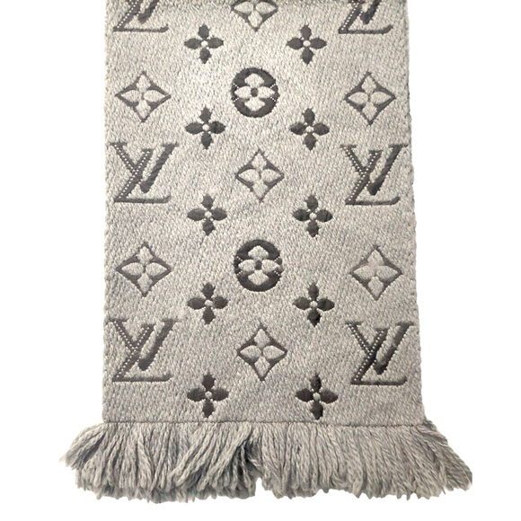 Louis Vuitton LV Monogram Logomania Gray Black Cashmere Silk Scarf Pre-Owned - Picture 12 of 16